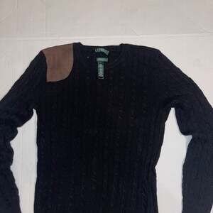 Polo Ralph Lauren Women Black Cable Knit Sweater with Leather Shoulder Patch